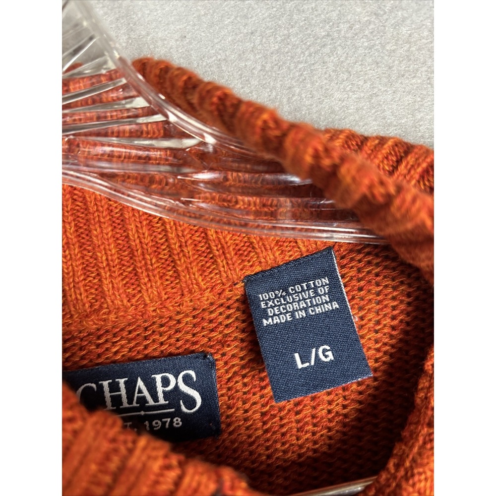 Chaps Men's Sweater Large Orange Mock Neck Henley Elbow Patches Suede Trim 2982 - Picture 5 of 13